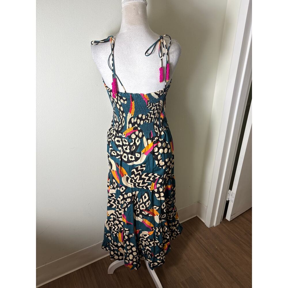 Farm Rio Dark Green Tucan Smocked Cotton Maxi Dress Sz M - Picture 4 of 5